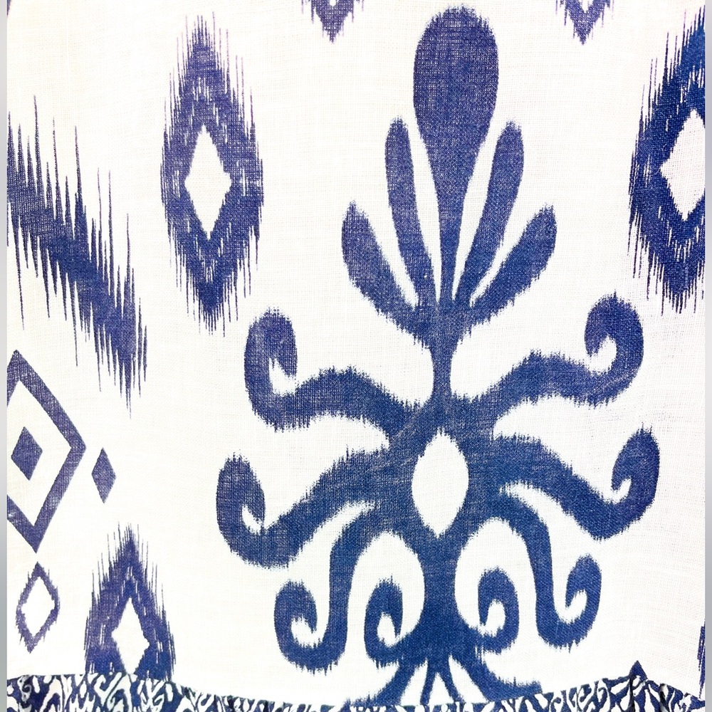 Luisa Perla 100% Linen Dress Sleeveless Blue White Ikat Print Resort Chic Sz S - Picture 11 of 12
